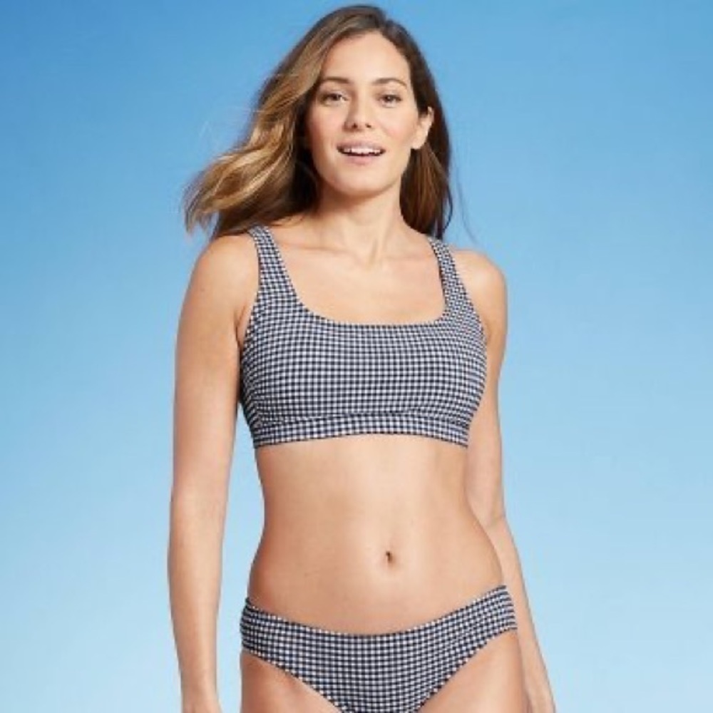 NWT Gingham Textured Bralette Bikini Top Kona Sol Navy Blue - XL (16-18)
